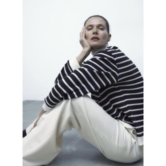 Zara Black White Striped Rib Trim Long Sleeve Mock Neck Pullover Sweater (NWT) - Picture 4 of 10